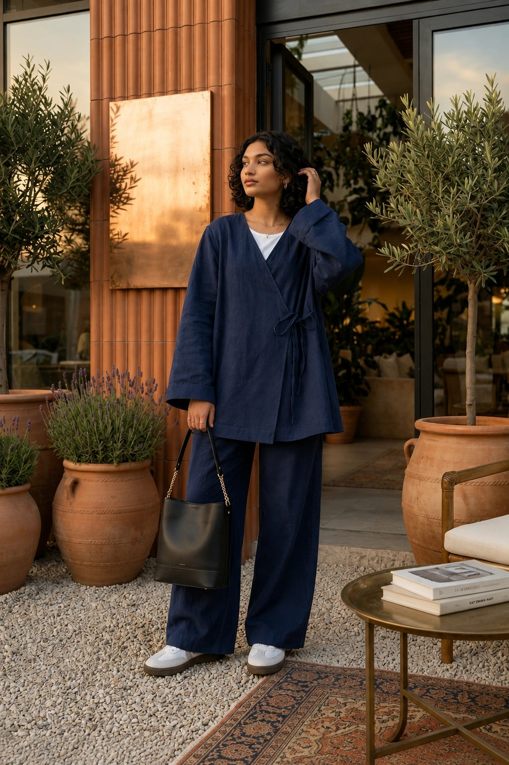 YEZWE Navy Blue Wrap Top and Wide Leg Pants Modest Co-ord Set displayed in a stylish outdoor setting