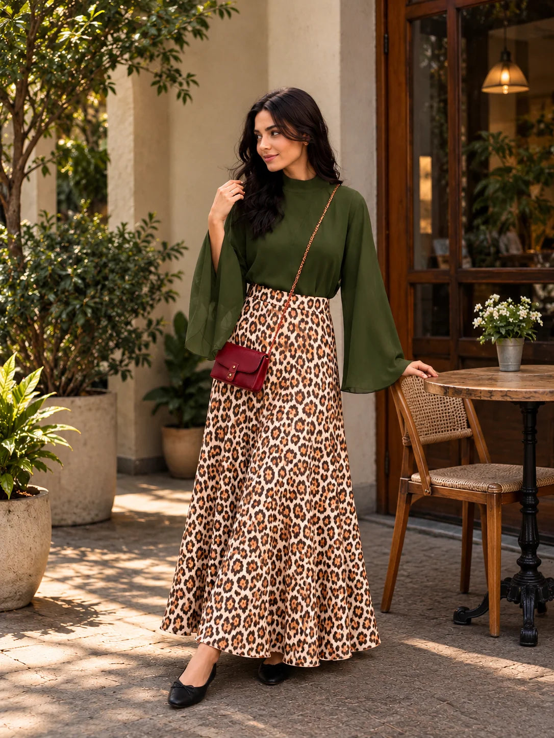 YEZWE Olive Green Bell Sleeve Blouse & Leopard Print High Waist Maxi Skirt Two-Piece Set displayed outdoors