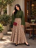 YEZWE Olive Green Bell Sleeve Blouse & Leopard Print High Waist Maxi Skirt Two-Piece Set in a stylish outdoor setting