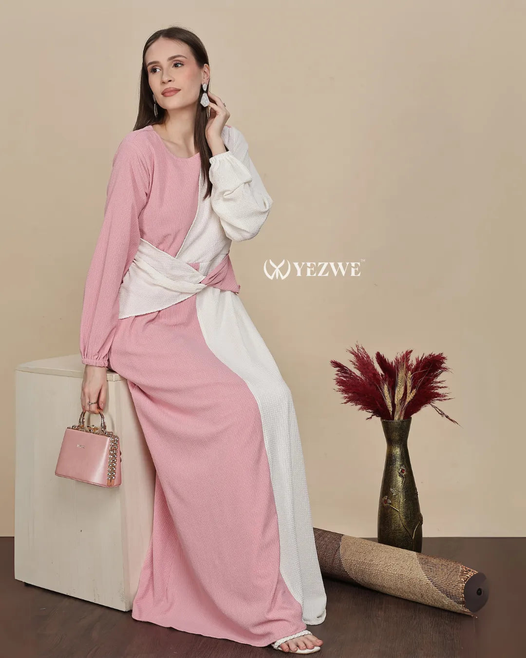 Pastel pink maxi dress from YEZWE with long sleeves and stylish color block design