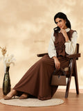 Elegant Pinterest Modest Top And Skirt Set in brown with stylish details and a chic silhouette