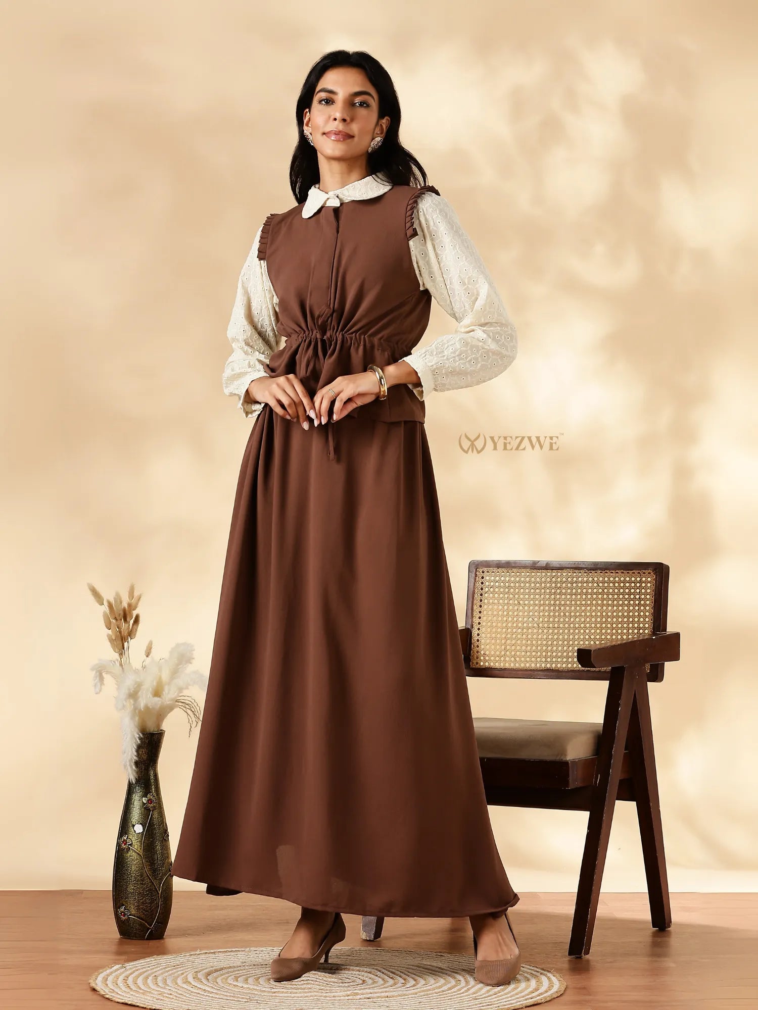 Yezwe Pinterest Modest Top And Skirt Set in Brown with a Stylish Collar and Comfortable Fit