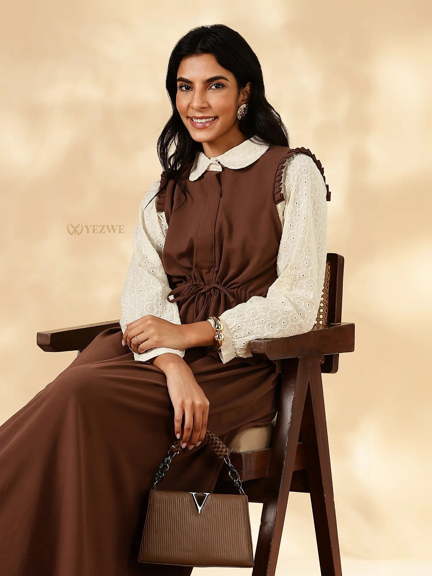 Yezwe Pinterest Modest Top And Skirt Set in brown with a stylish collar and cinched waist
