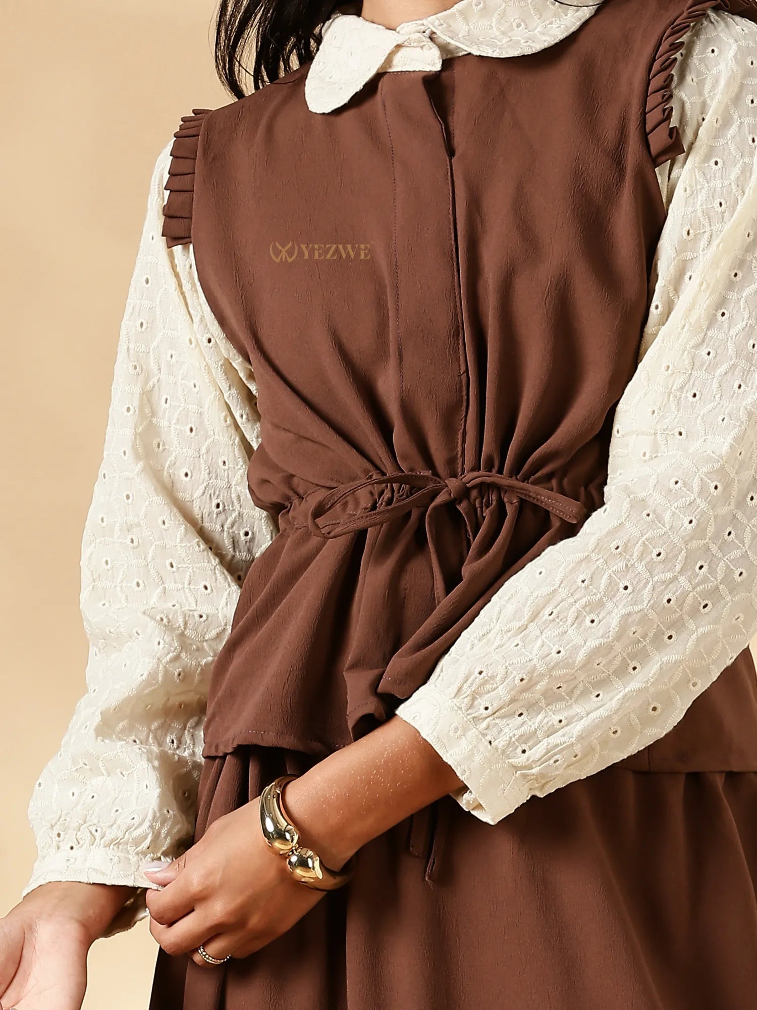 Pinterest Modest Top And Skirt Set by Yezwe featuring a stylish brown top with a white collar and eyelet sleeves