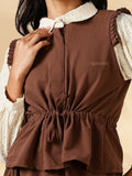 Yezwe Pinterest Modest Top And Skirt Set in Brown with Ruffled Sleeves and Tie Waist