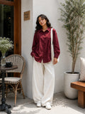 Pinterest Tie-Detail Cey Shirt & Wide-Leg Pants Co-Ord Set - Yezwe Korean Wear in burgundy and cream