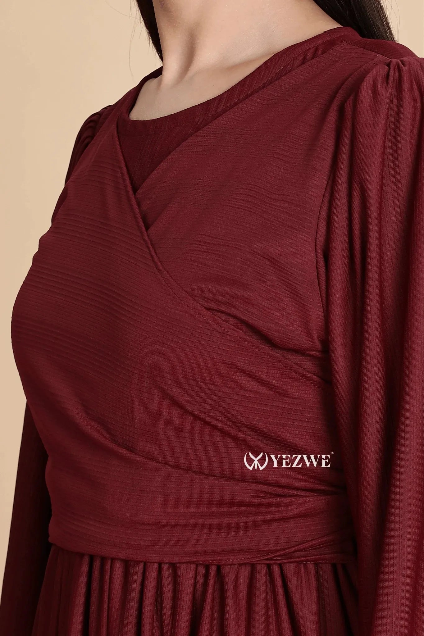 YEZWE Premium Modest Wear Dress in burgundy with a flattering wrap design and long sleeves