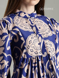 YEZWE Royal Blue Printed Full Length Modest Maxi Dress with intricate patterns and button details