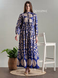 YEZWE Royal Blue Printed Full Length Modest Maxi Dress with Long Sleeves and a Flowing Skirt