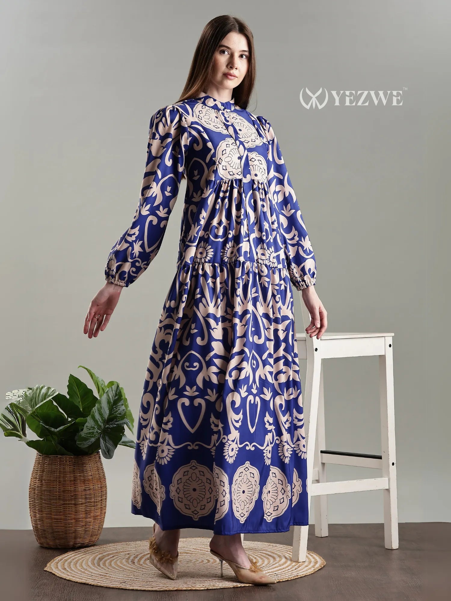 YEZWE Royal Blue Printed Full Length Modest Maxi Dress with elegant patterns and long sleeves