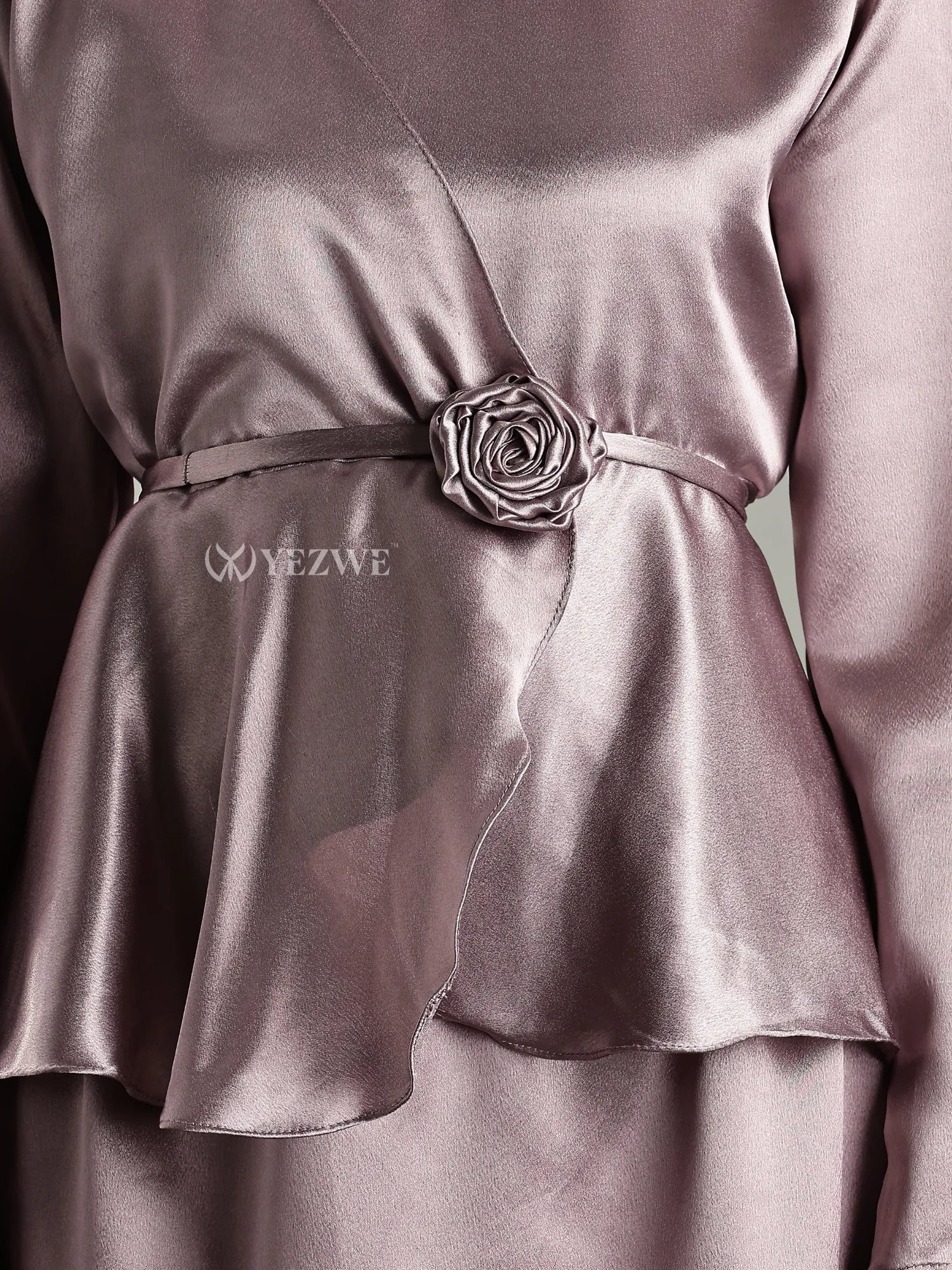 Yezwe Satin Top and Skirt Set For Women Modest Co-ord Set with rose detail belt in shiny fabric