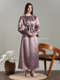 Yezwe Satin Top and Skirt Set For Women Modest Co-ord Set in mauve satin with long sleeves and a decorative belt