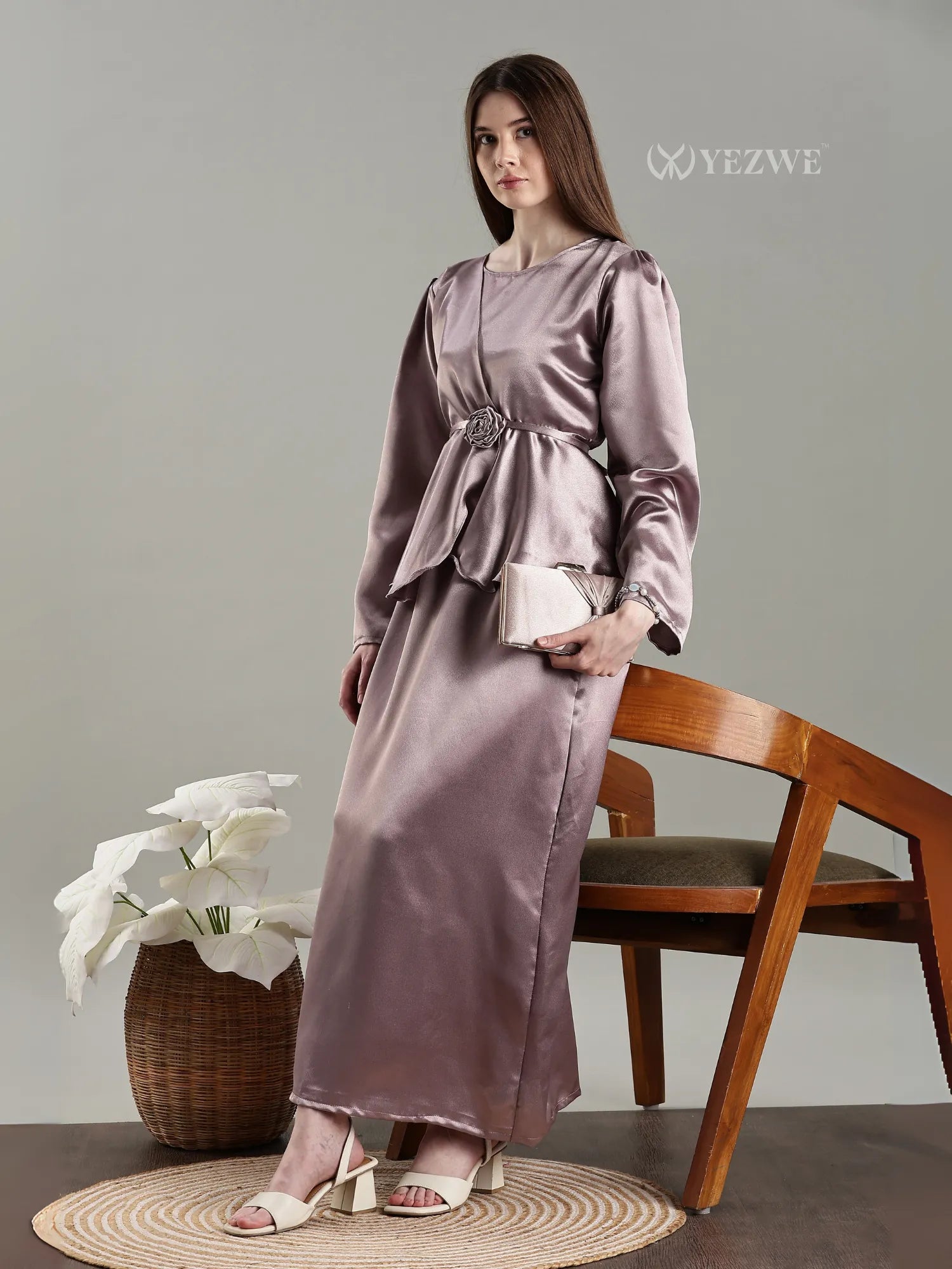 Yezwe Satin Top and Skirt Set For Women Modest Co-ord Set in silky mauve fabric with belt detail
