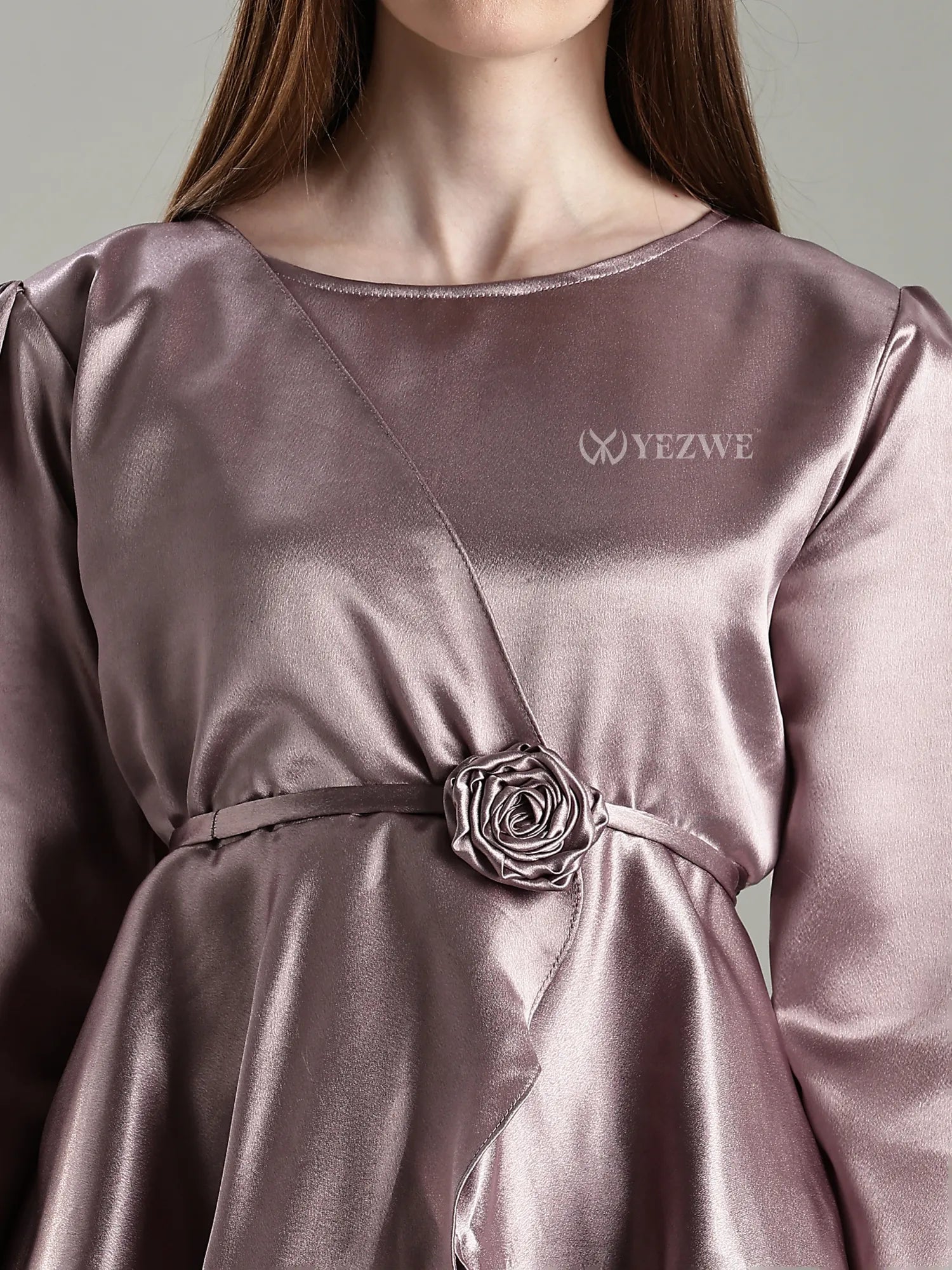Yezwe Satin Top and Skirt Set For Women Modest Co-ord Set in shiny mauve fabric with rose detail belt
