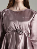 Yezwe Satin Top and Skirt Set For Women Modest Co-ord Set in shiny mauve fabric with rose detail belt