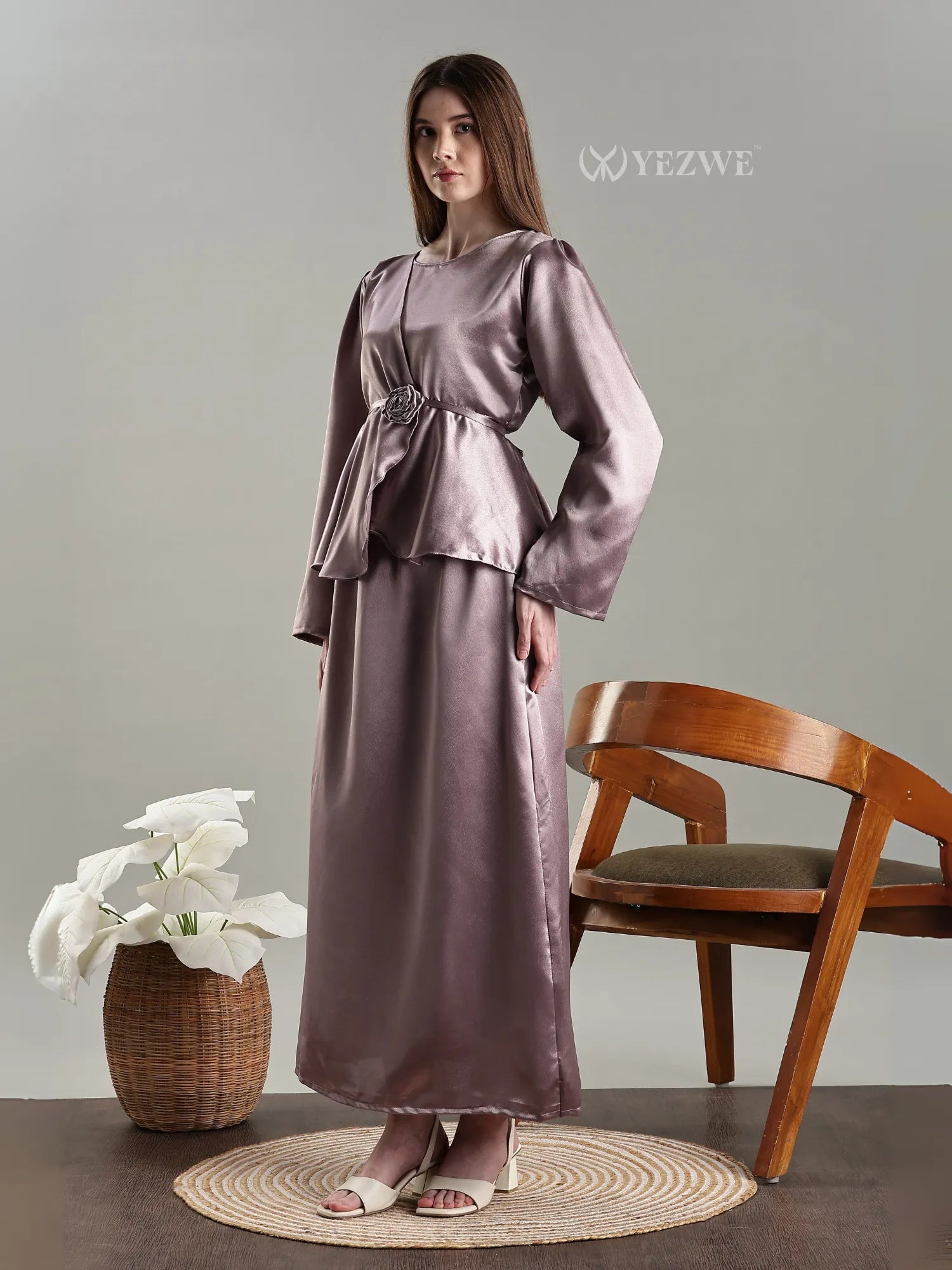 Yezwe Satin Top and Skirt Set For Women Modest Co-ord Set in shiny mauve satin fabric with long sleeves and ankle-length skirt