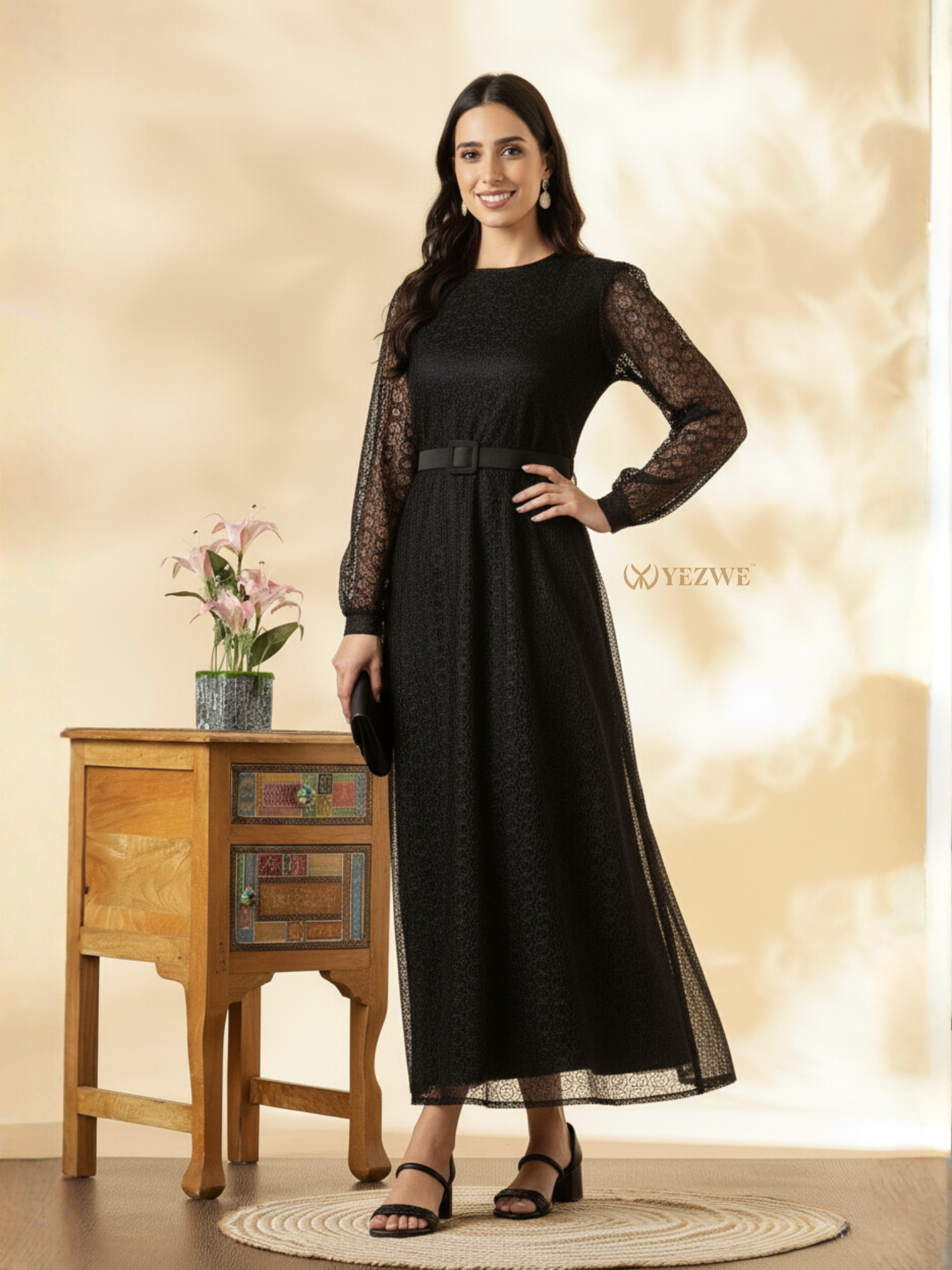 Elegant YEZWE Schiffli Maxi Dress in black with long sleeves and a belted waist for a stylish look