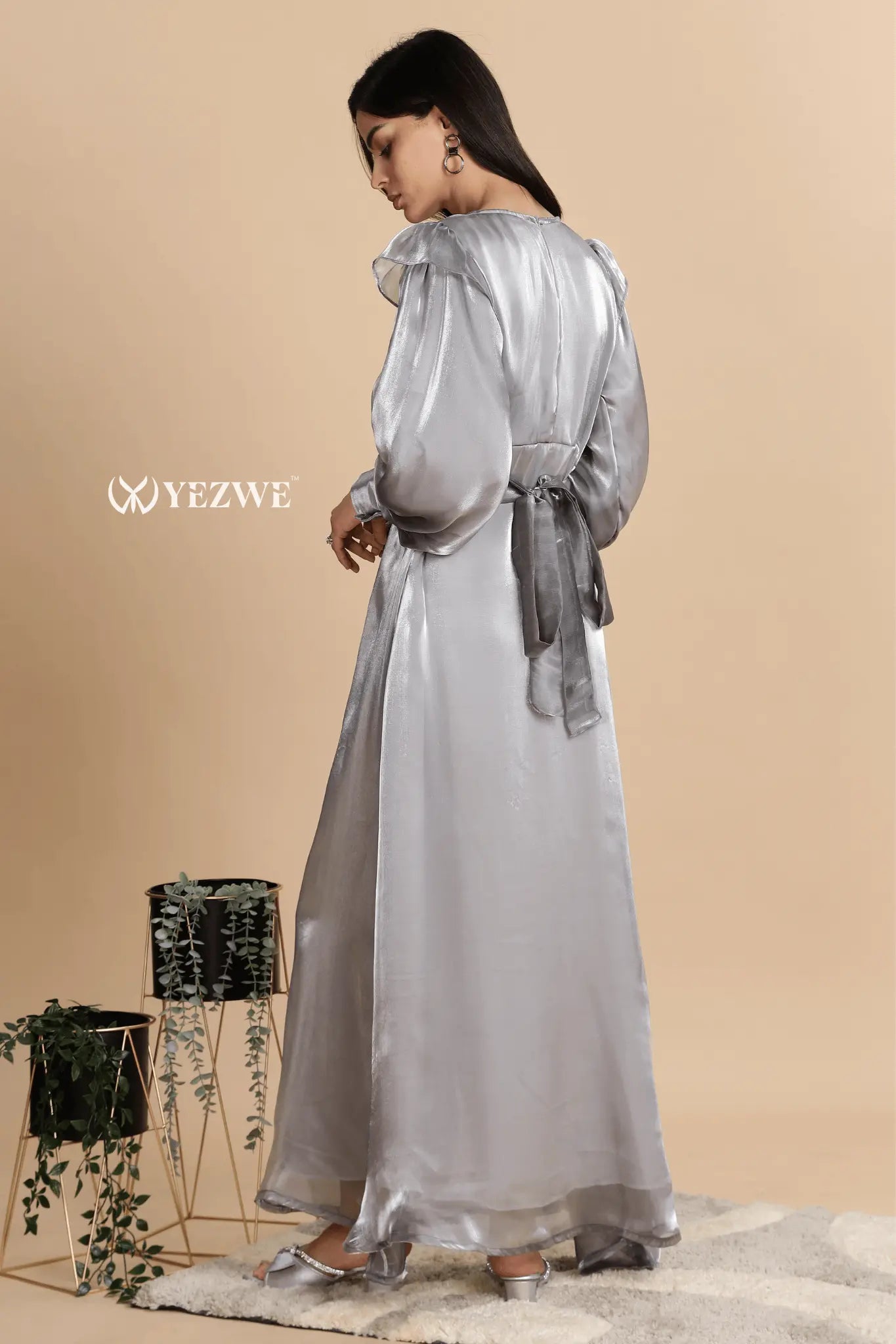 Elegant silver maxi dress for party by YEZWE featuring a flowing design and puff sleeves