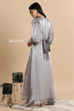 Elegant silver maxi dress for party by YEZWE featuring a flowing design and puff sleeves