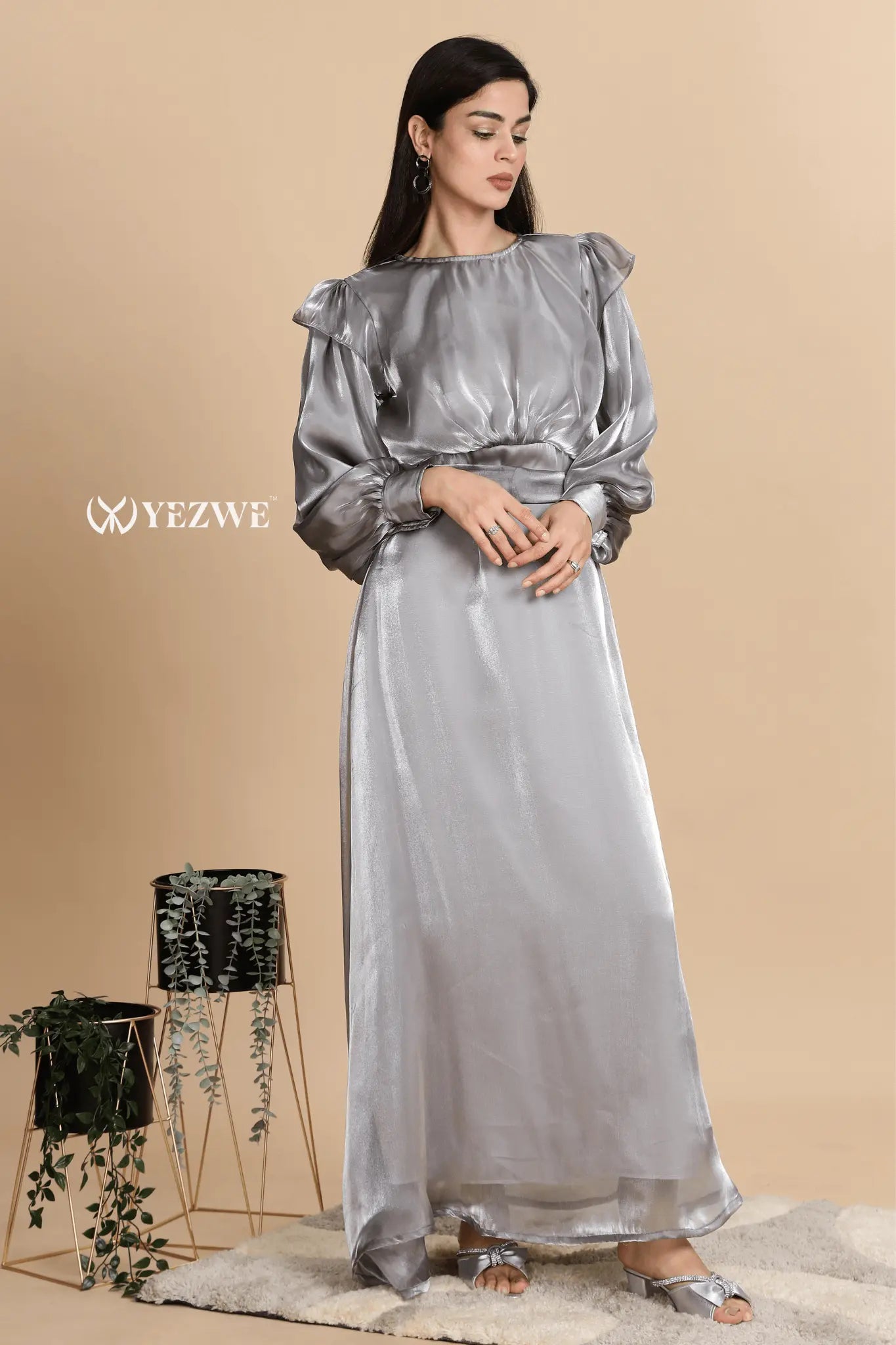 Elegant YEZWE silver maxi dress for party with ruffled sleeves and a flowing silhouette