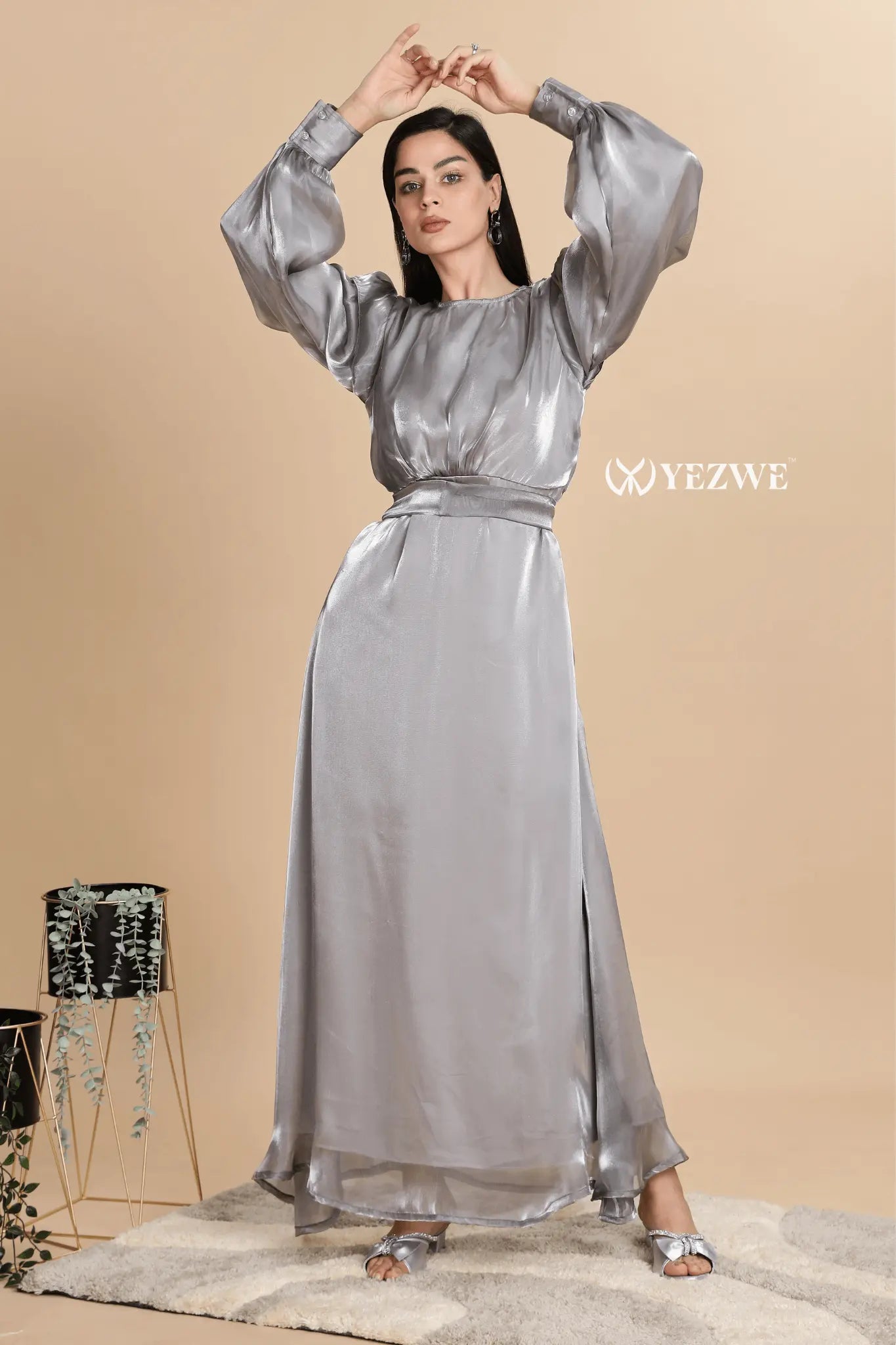 Stylish YEZWE silver maxi dress for party with elegant balloon sleeves and a flowing silhouette