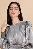 YEZWE Silver Maxi Dress for Party with Elegant Puff Sleeves and Shiny Fabric