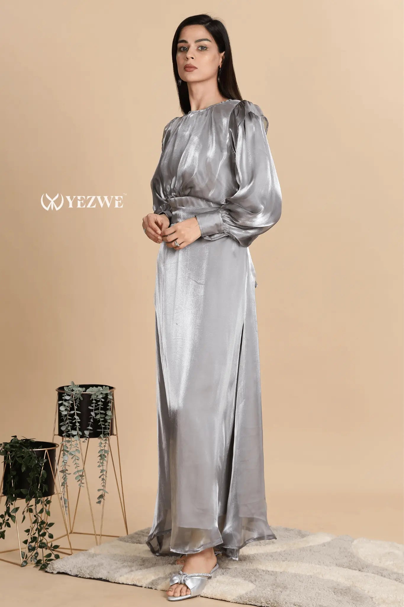 YEZWE silver maxi dress for party with long sleeves and elegant flow for special occasions