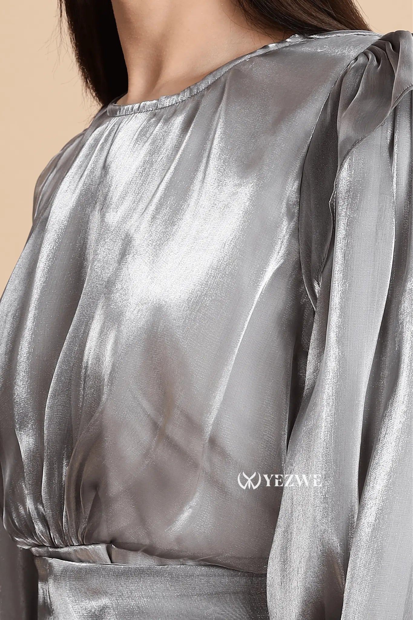 Elegant YEZWE silver maxi dress for party with a flattering draped design and soft sheen