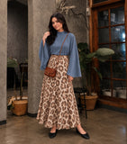 YEZWE Slate Blue Mock Neck Bell Sleeve Top & Leopard Print Flared Maxi Skirt styled with a crossbody bag