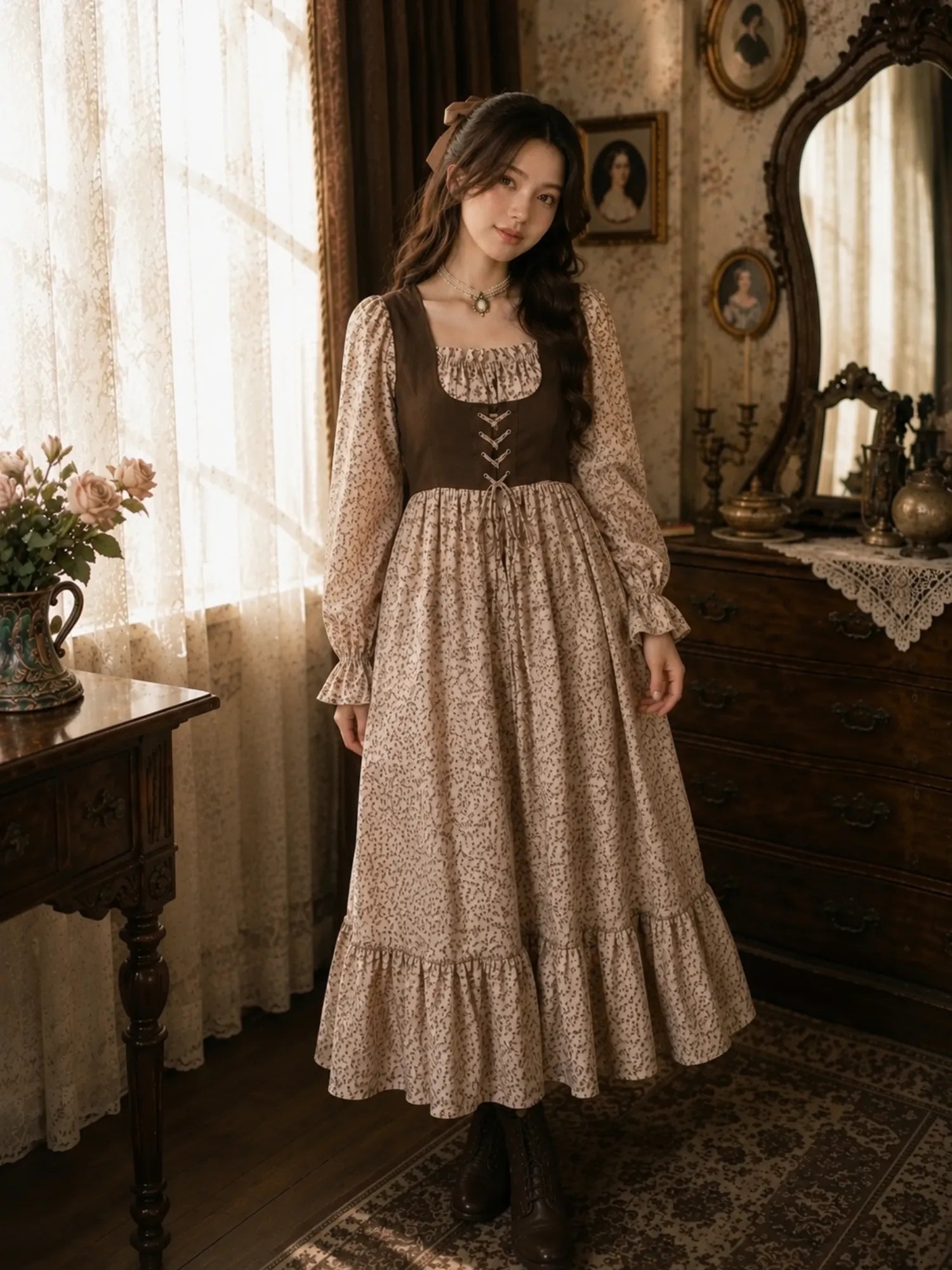 Woman wearing YEZWE vintage floral modest maxi dress with brown corset-style bodice, long puff sleeves, and ruffle hem in an elegant vintage-inspired indoor setting.