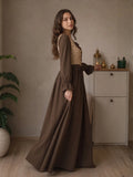 YEZWE Wine Red Modest Corset Lace Up Elegant Maxi Dress showcased on a model with a stylish background.