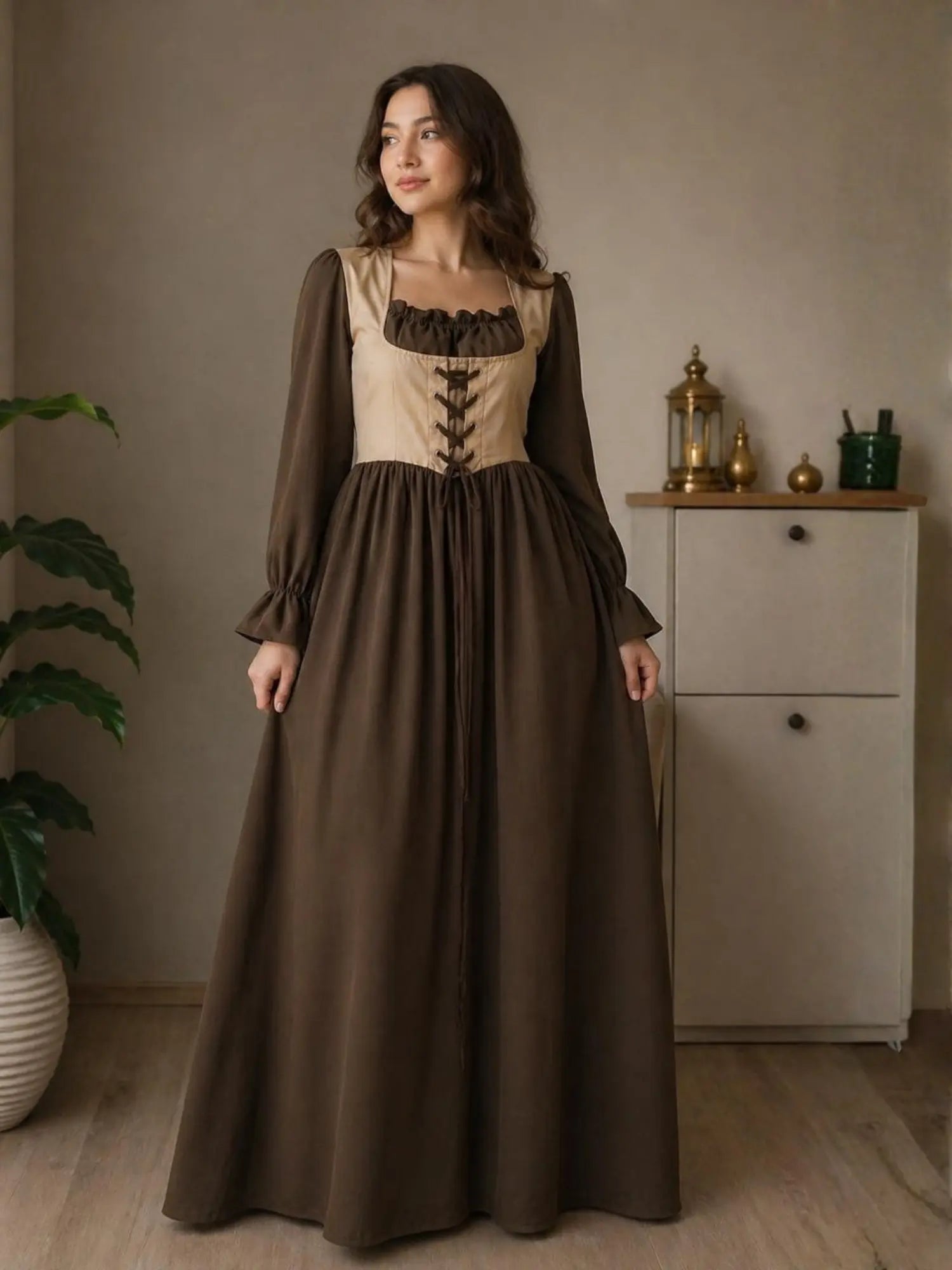 YEZWE Wine Red Modest Corset Lace Up Elegant Maxi Dress with Puff Sleeves and a Flowy Skirt