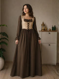 YEZWE Wine Red Modest Corset Lace Up Elegant Maxi Dress with Puff Sleeves and a Flowy Skirt