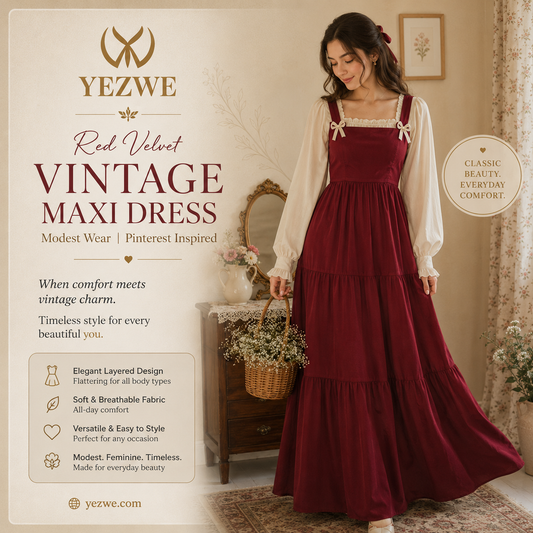 YEZWE Red Velvet Vintage Maxi Dress - Modest Wear Pinterest Inspired