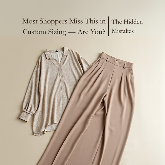 Beige blouse and taupe trousers laid flat with text about common hidden mistakes in custom size fitting