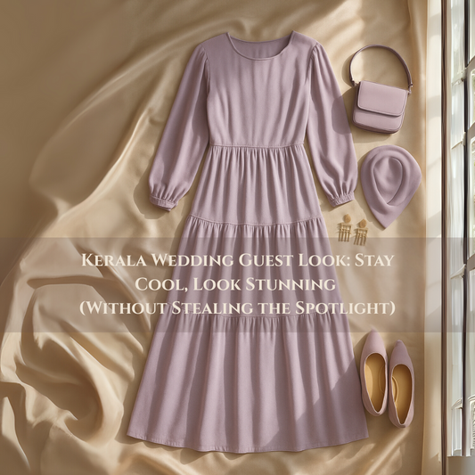 Light purple dress outfit with matching hat, purse, shoes, and earrings showing what to wear to a Kerala wedding