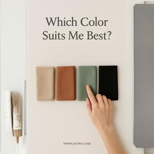 Hand pointing at fabric swatches with text Which Color Suits Me Best showcasing color choices