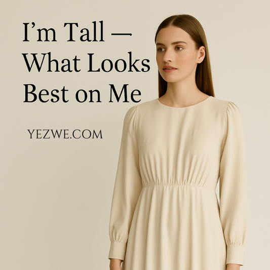 Modest fashion for tall women featuring a beige long-sleeve dress with a gathered waistline