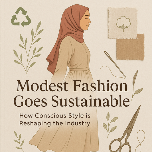 Modestly dressed woman in a flowy, earth-toned outfit standing against a minimal, nature-inspired background with greenery and natural fabrics — representing sustainable modest fashion.