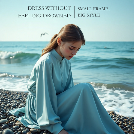 Woman wearing a modest blue Dress without feeling drowned sitting by the ocean on a rocky beach