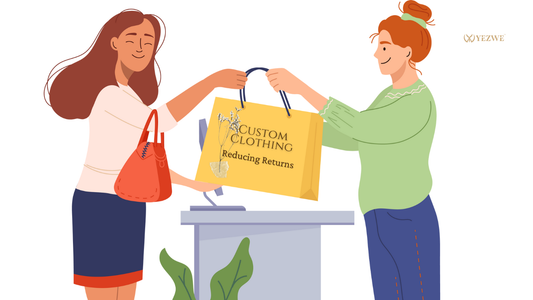 Two women exchanging a custom clothing bag labeled reducing returns best solution for reducing returns