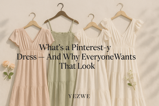 Four flowy modest dresses on hangers showcasing what is a Pinterest-y style with soft romantic fabrics