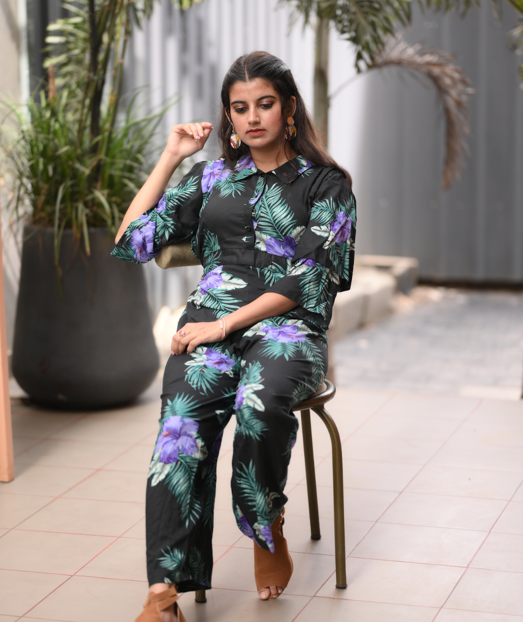 Yezwe Tropical Big Print Jumpsuit with Cloth Belt and Front Open - Modest Wear