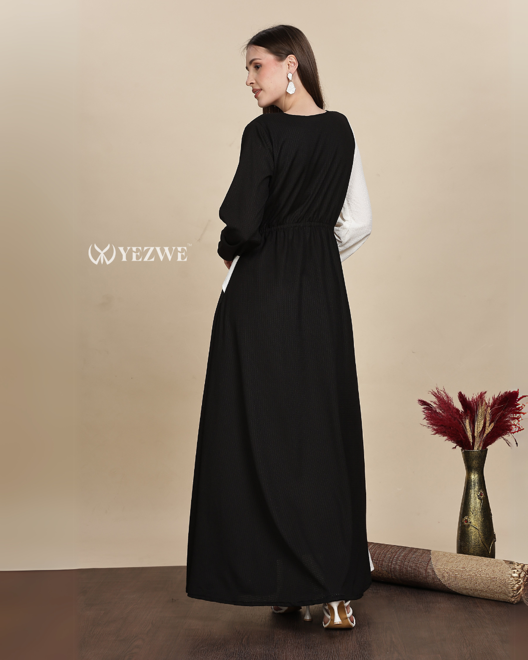 Yezwe Elegant Monochrome Wrap-Around Black and White Maxi Dress Maxi Dress