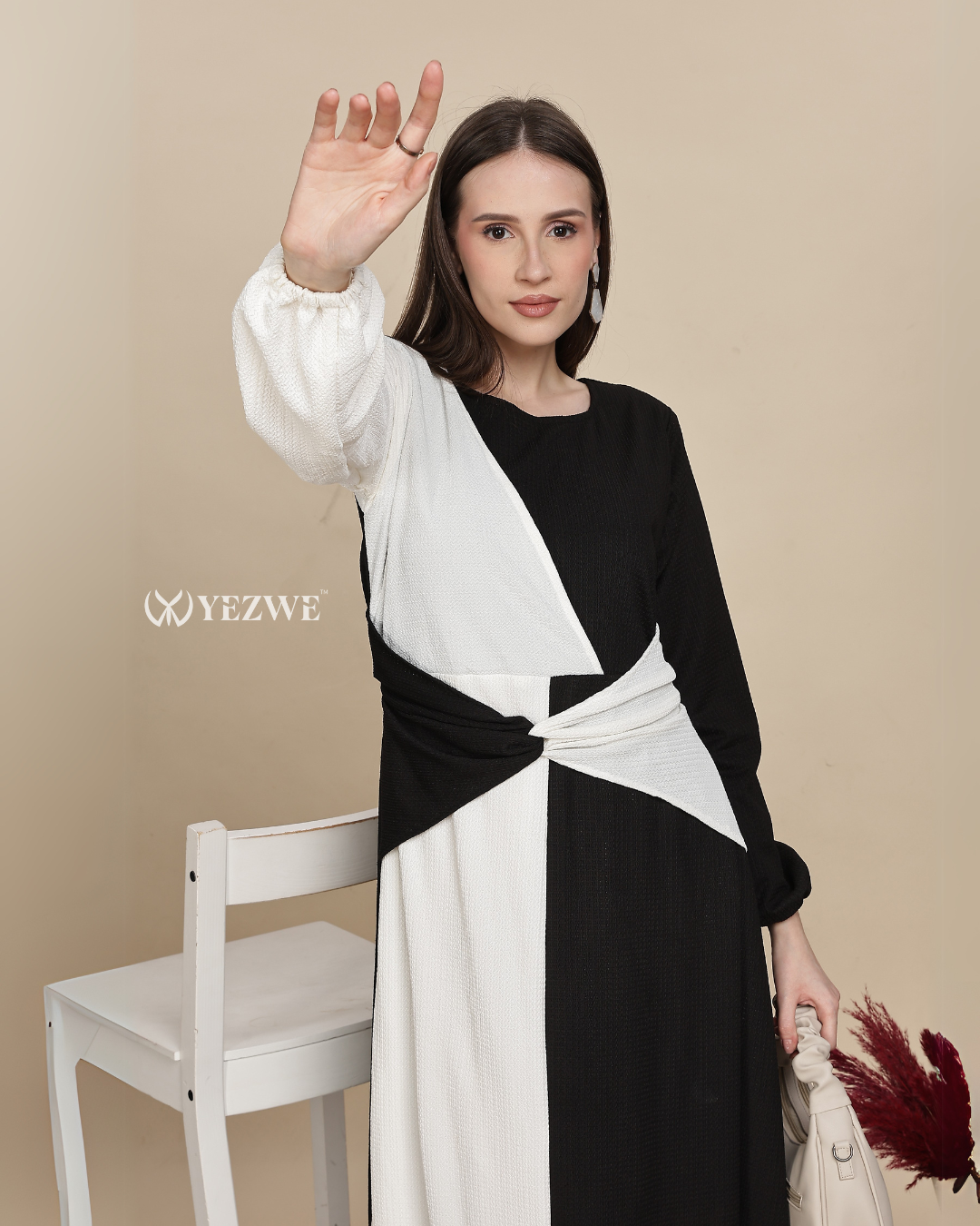 Yezwe Elegant Monochrome Wrap-Around Black and White Maxi Dress Maxi Dress