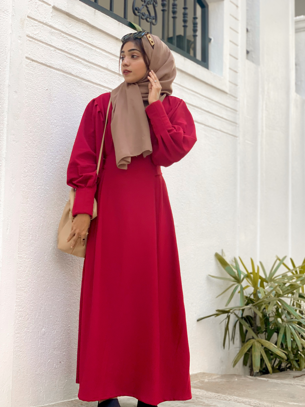 YEZWE Knitted Kar Maxi Dress with Attached Belt- Solid Meroon Red