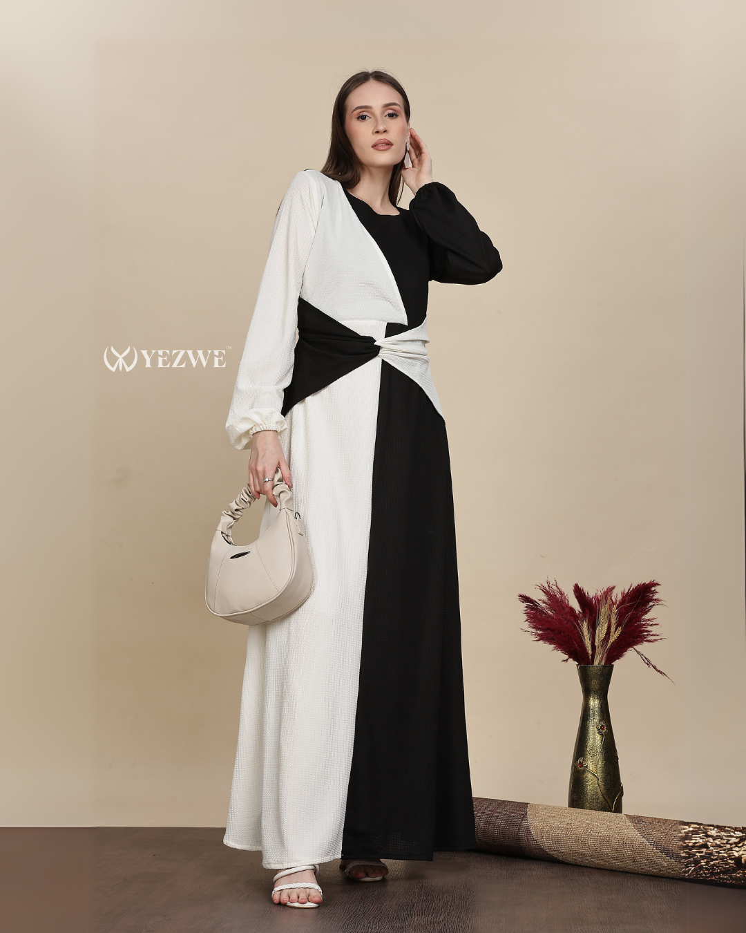 Yezwe Elegant Monochrome Wrap-Around Black and White Maxi Dress Maxi Dress