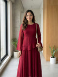 Yezwe Wine Maroon Georgette Skirt and Top Set | Flowy Layered Silhouette for Women