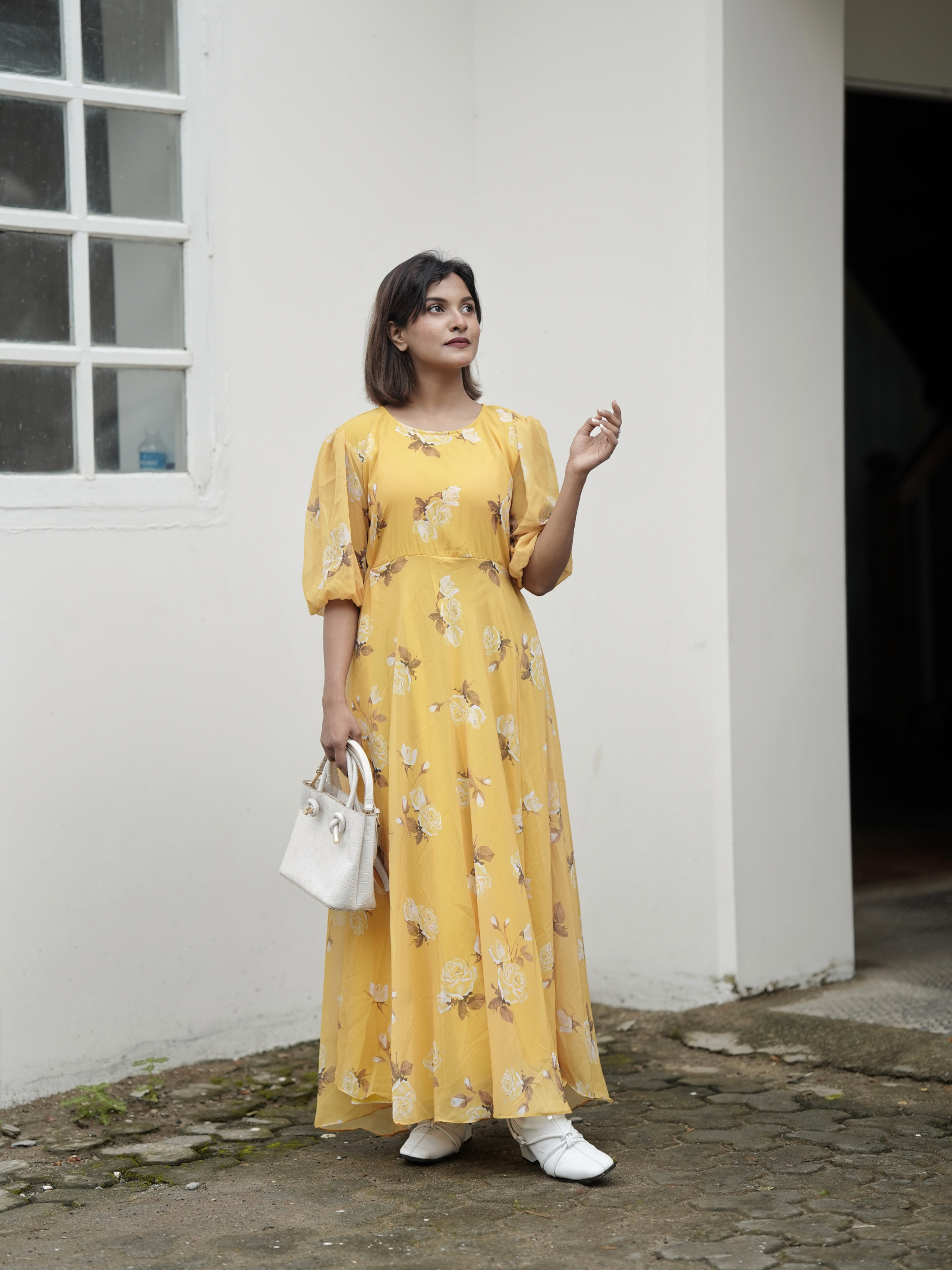 Yezwe Yellow Puff 3/4th Sleeve Maxi Dress- Western Wear