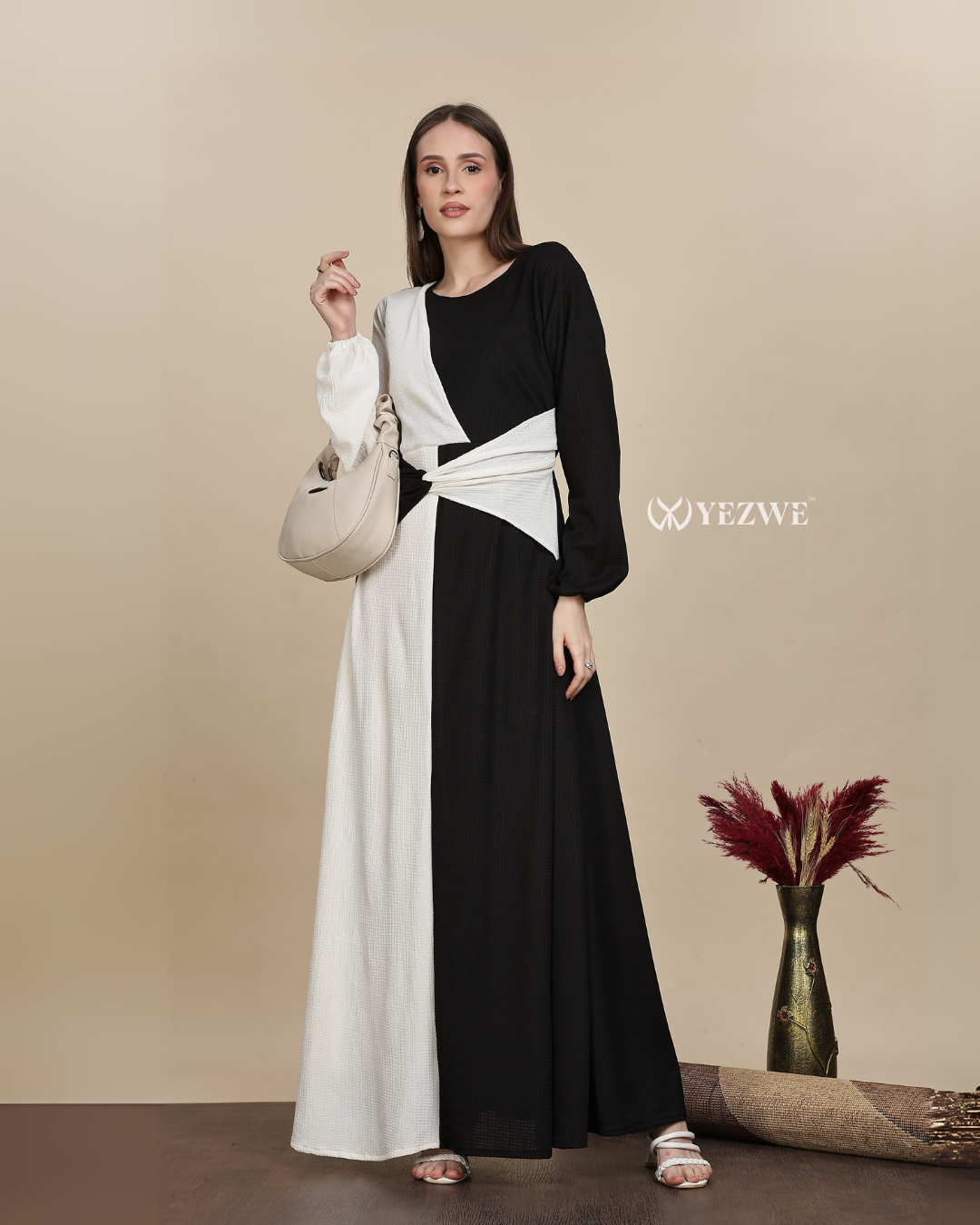 Yezwe Elegant Monochrome Wrap-Around Black and White Maxi Dress Maxi Dress